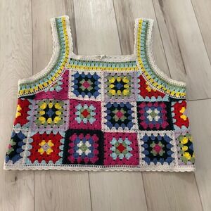 En Creme OS Crochet Granny Square Crop Tank Top Colorful Sleeveless Boho‎ Hippie